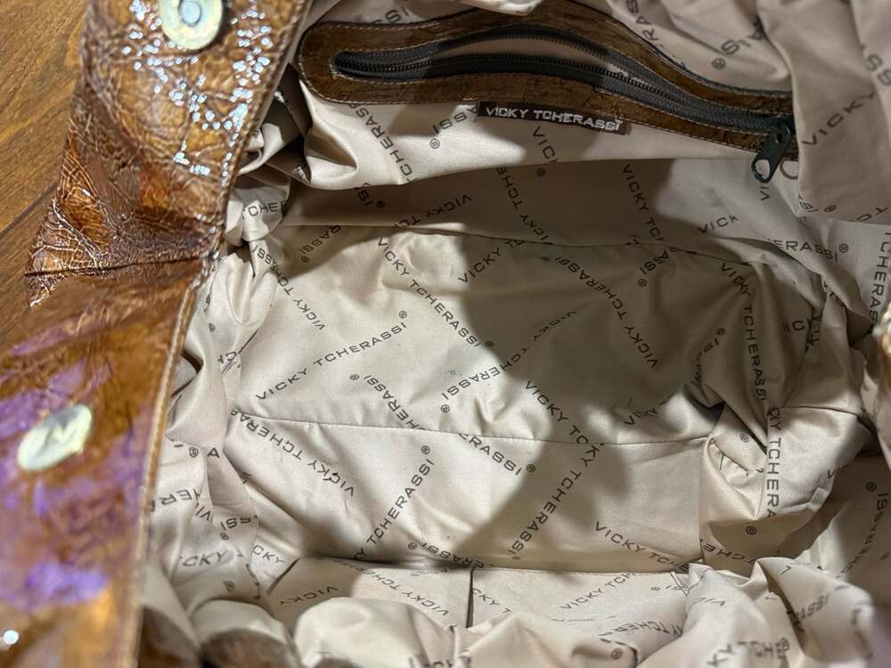 Y2K Vicky Tcherassi Brown Crinkle Patent Leather Drawstring Bucket Shoulder Bag - Picture 5 of 7